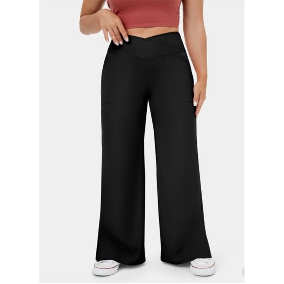 Halara Crossover Pocket Split Hem Yoga Pants Plus Sz 2XL Black Wide Leg Yoga Pan - Picture 1 of 9